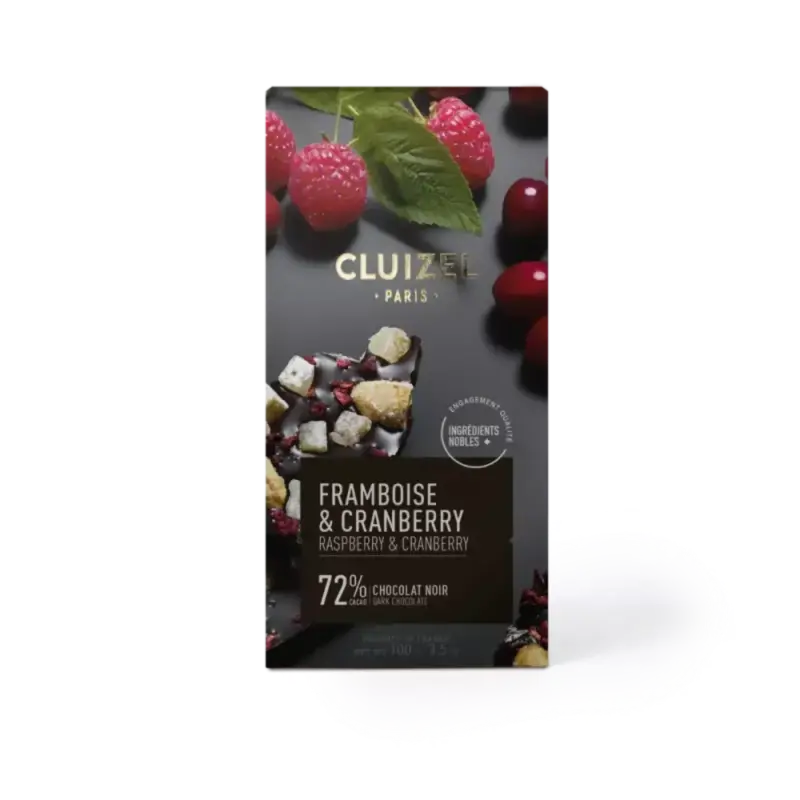 Tablette Framboise & Cranberry 72% chocolat noir Cluizel 100 g