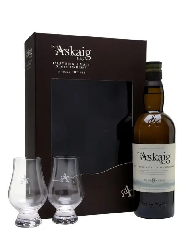 Whisky port askaig 8 ans single malt islay ecosse coffret 2 verres 70cl 45.8° 